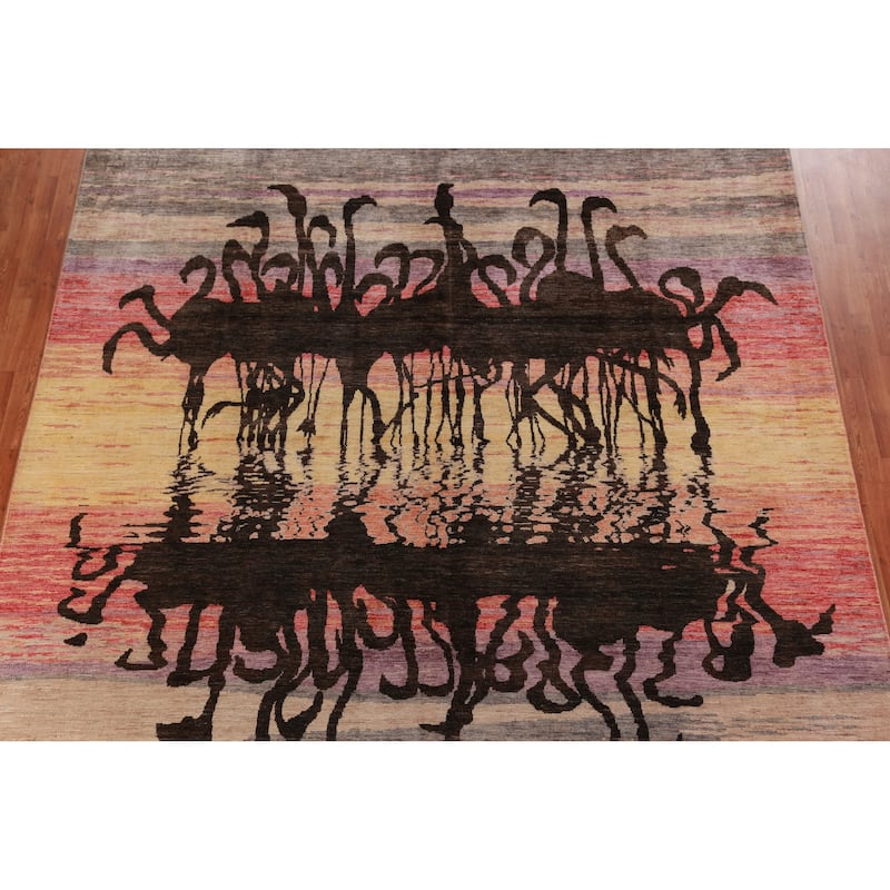 Hand Knotted Oriental 100% Wool Carpet Traditional Animal Pictorial Multi-Colored Art Deco Area Rug - 9' 11'' X 10' 1''