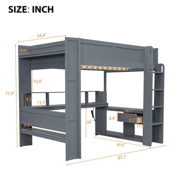 dimension image slide 0 of 2, Full Gaming Loft Bed wDesk,Shelves,LED,Charging Station,Dark Grey