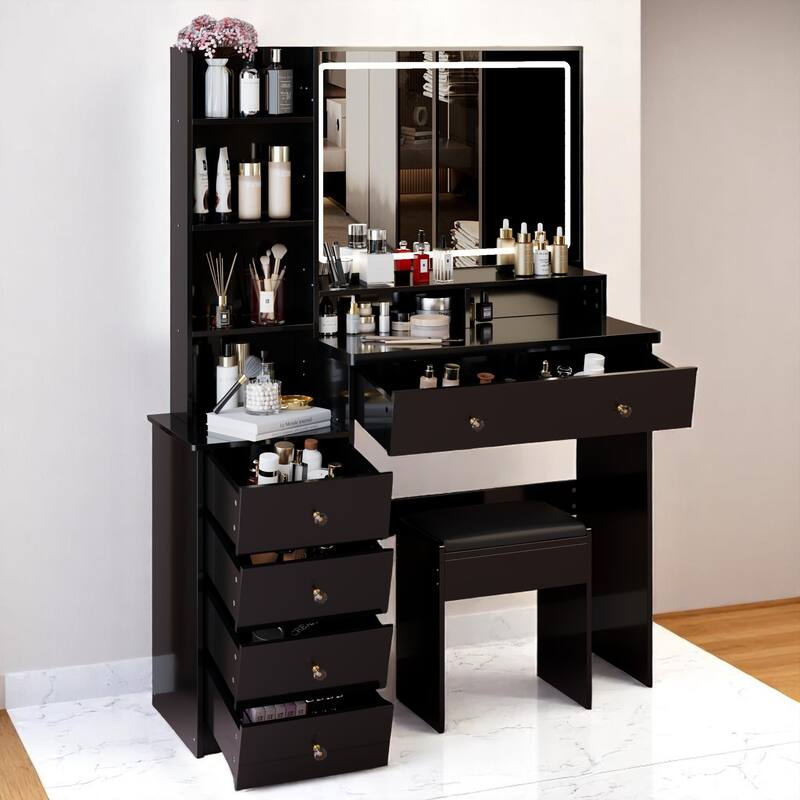 Makeup Vanity Desk with Extra Large Lighted Mirror, Left Drawer Cabinet, Adjustable LED Lighting, and Stool for Bedroom