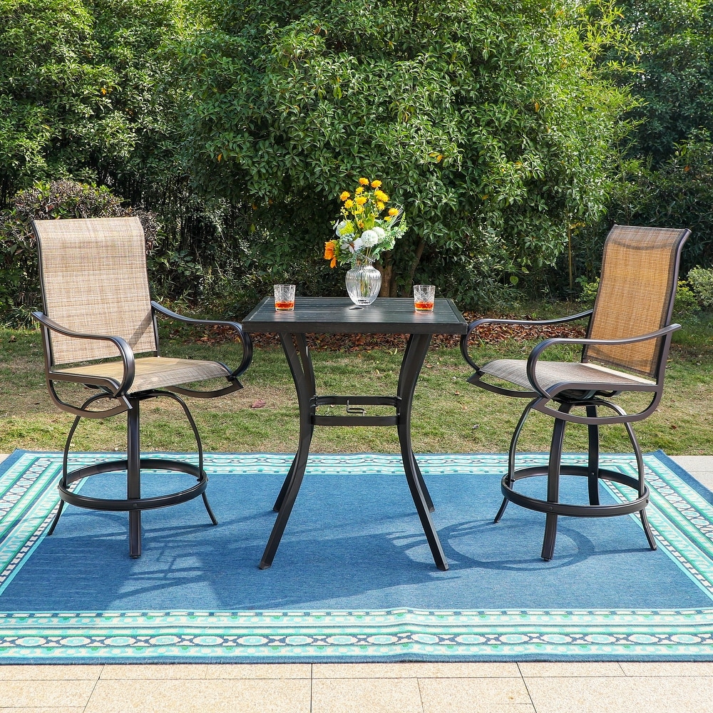 Brown PHI VILLA 3 PCS Patio Swivel Bar Sets Textilene High Bistro Sets