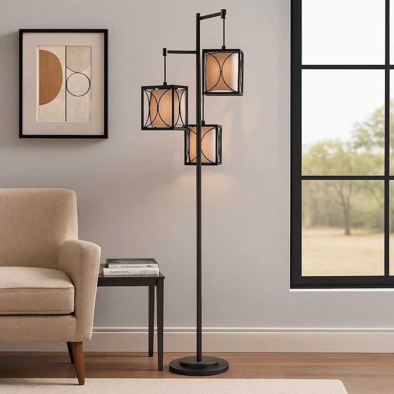 Lany 73 Inch Floor Lamp, 3 Hanging Lantern Style Shades, Black Iron