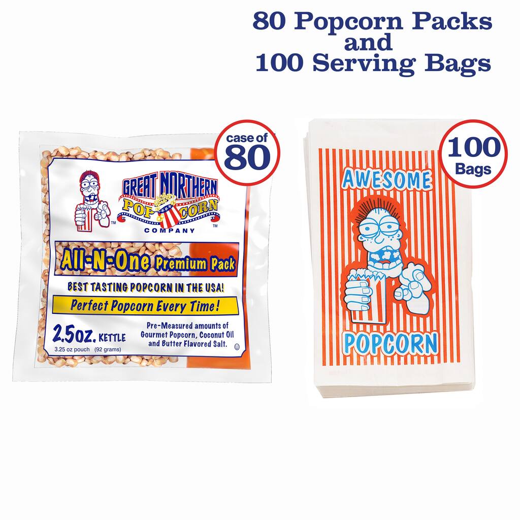 2.5oz Popcorn Packs - 80 Pre-Measured Packs and 100 Popcorn Bags by Great Northern Popcorn