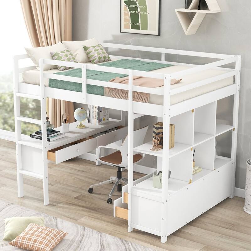 Full Size Wooden Loft Bed with Built-in Desk with Two Drawers, and Storage Shelves and Drawers For Kids