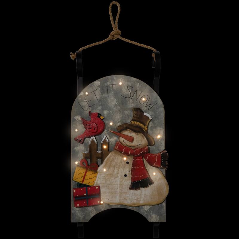 17" LED Lighted Wooden Sled with Snowman and Cardinal Christmas Decoration