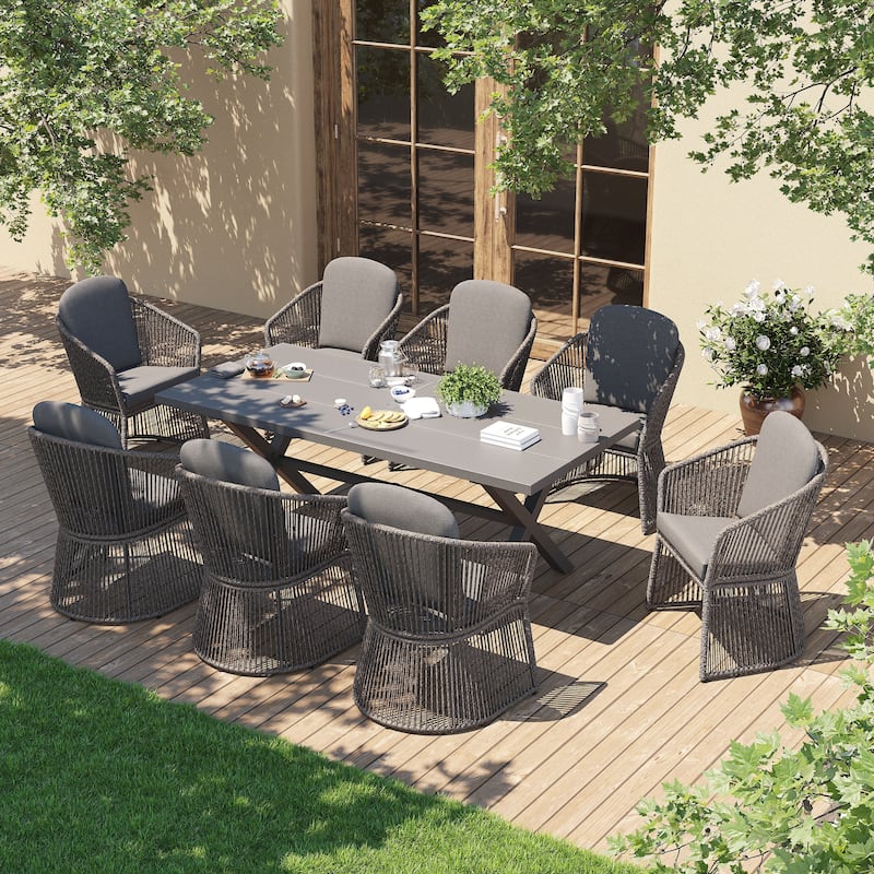 9-Piece Outdoor Dining Set - Weather-Resistant Aluminum Table with X-Leg Stability & PE Rattan Chairs - Dark Grey