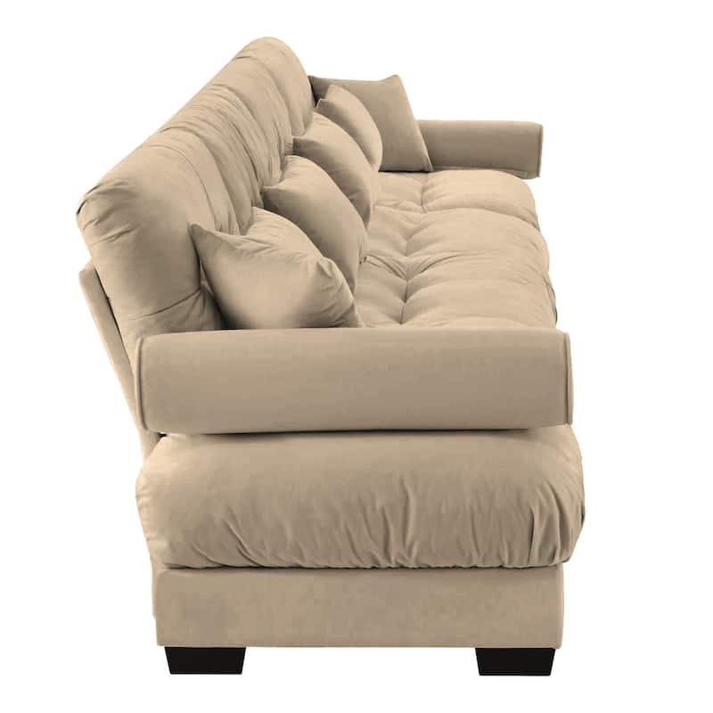 166" Velvet 4-Seater Sofa with Bolster Armrests, High-Resilience Sponge Cushions