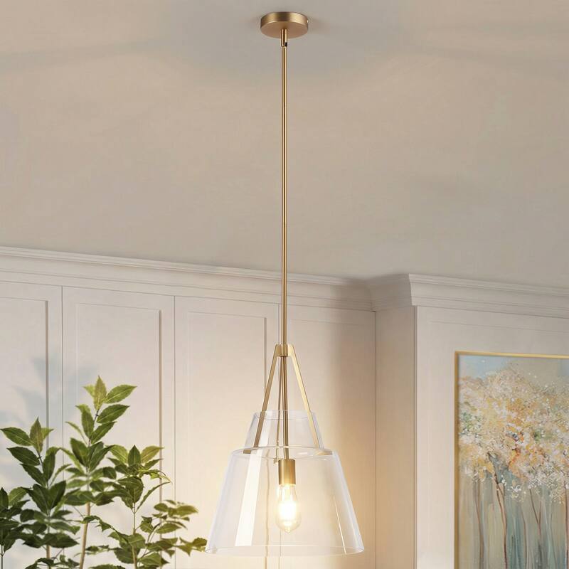 15" Contemporary Brushed Gold Tapered Clear Glass 1-Light Adjustable Pendant Fixture - N/A