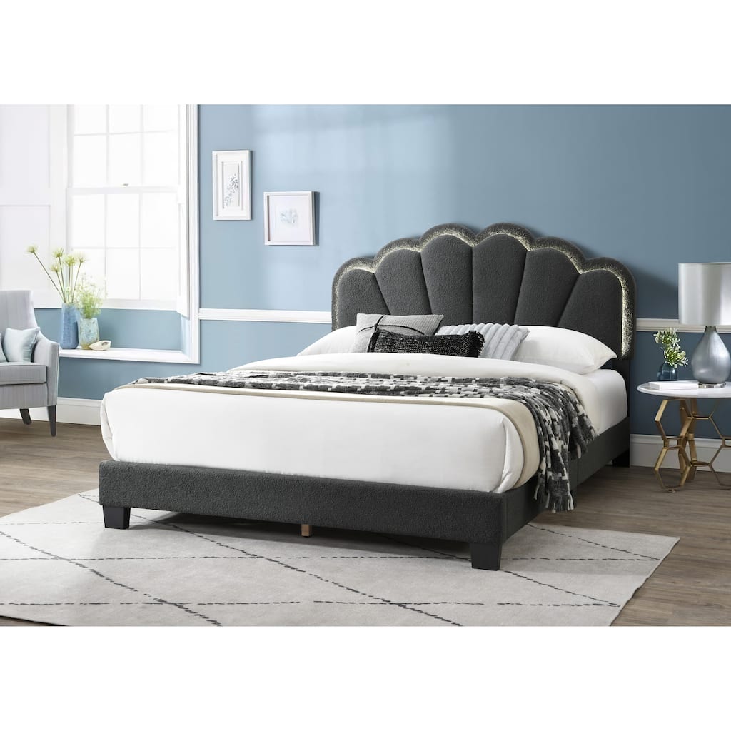 Queen Size Wool Panel Bed with LED Headboard and No Box Spring Needed