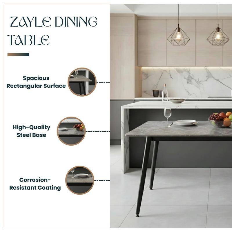 Zayle Mid-Century Modern Glass or Sintered Stone Rectangular Dining Table with Powder-Coated Steel Finish for Kitchen