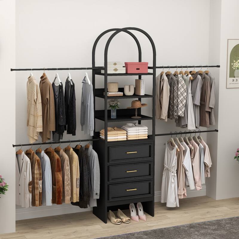 Wall-Mounted Clothing Storage Rack Multi-Functional Closet Organizer System with Adjustable Rods and Shelves