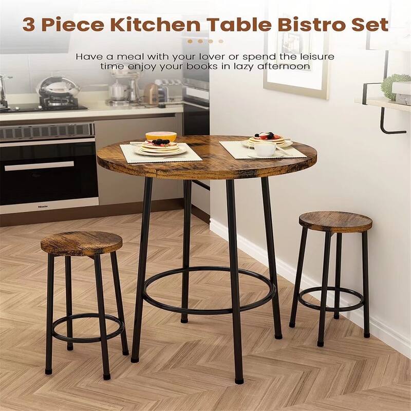 3 Pieces Industrial Round Pub Table Set with 2 Bar Stools