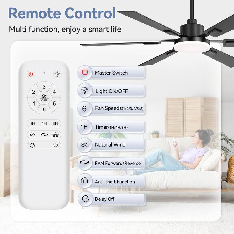 48"/52"/60" Modern Black LED Ceiling Fan with Light Remote (5/6 Reversible Blades)