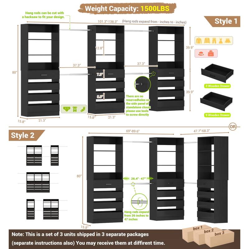 140'' Walk-in Closet Organizer System with 12 Drawers ＆ 4 Hanging Rods, 8.5-11.5FT Wooden Wardrobe Clothes Rack with 3 Towers