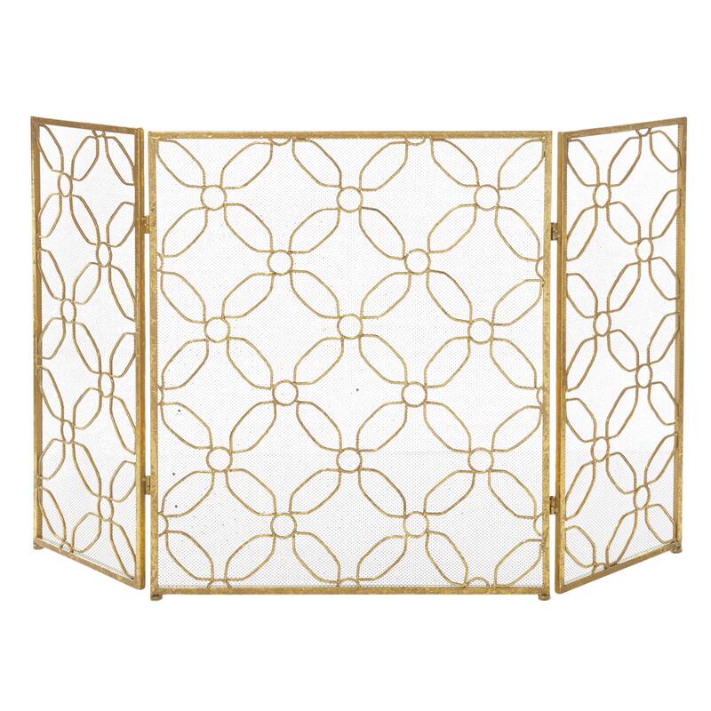 Gold Metal Foldable Mesh Netting 3 Panel Geometric Fireplace Screen