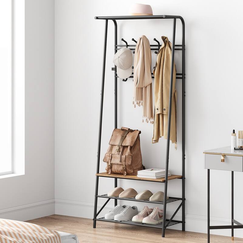 Coat Rack With Shoe Storage Bench 10 Hooks Multifunctional Hallway Organizer - 11.4" W x 25.2" L x 70"