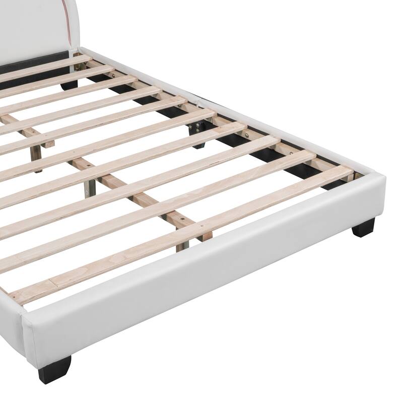 Upholstered Kids Bed with Rabbit Ears Headboard, PU Leather Platform Bed Frame with Wooden Slat Support
