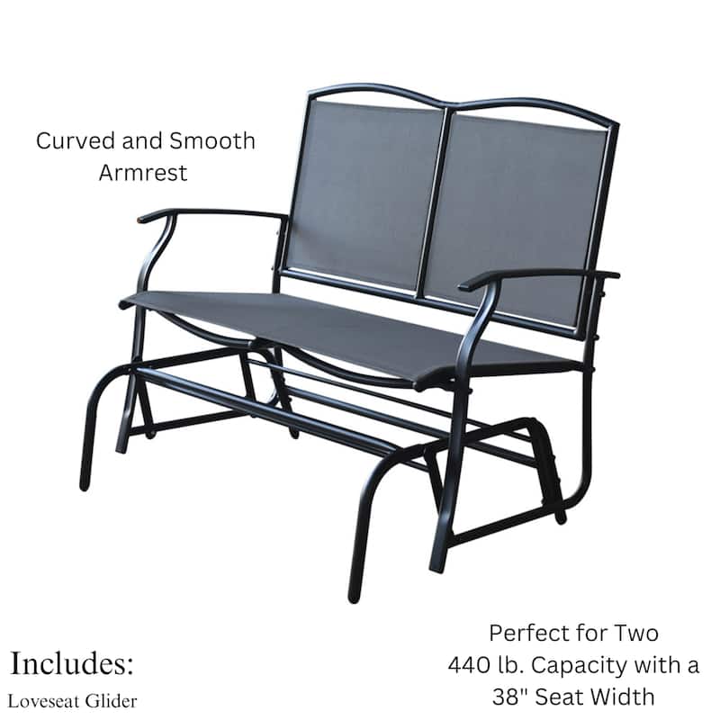 Kaycey 2-Person Black Metal Outdoor Loveseat Glider with Mix Grey Sling - N/A