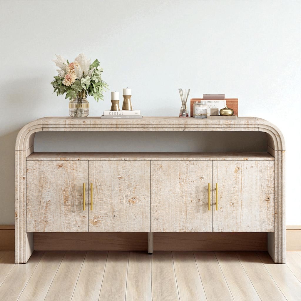 59" Fir Veneer Console Sideboard with Textured Finish and Central Support, Entryway Hallway Buffet Cabinet