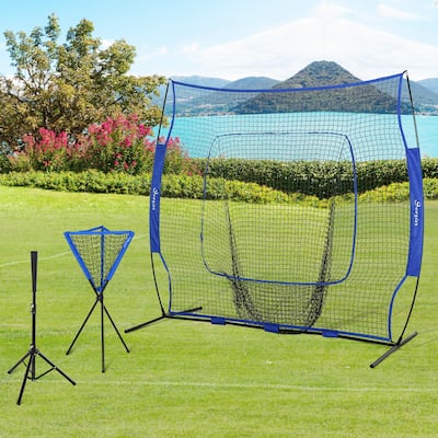 Soozier 7.5' x 7' Portable Baseball Batting Net Set with Catcher Net, 120 Ball Pitching Collector, & Tee Stand, Blue
