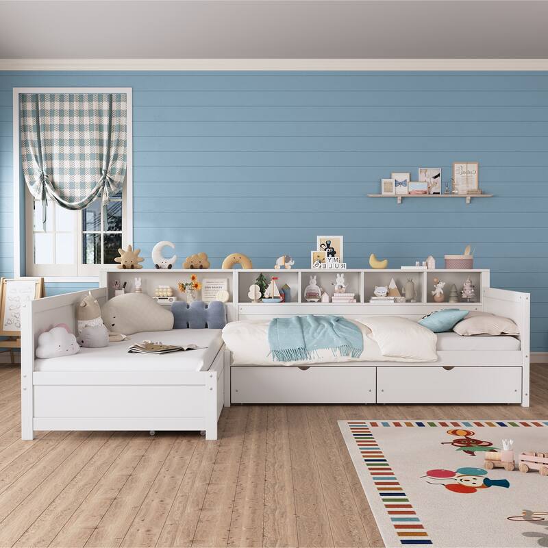 Roomfitters Twin L-Shaped Daybed for 2 with 3 Storage Drawers, Wooden Corner Bed Frame with Bookshelf for Bedroom - White