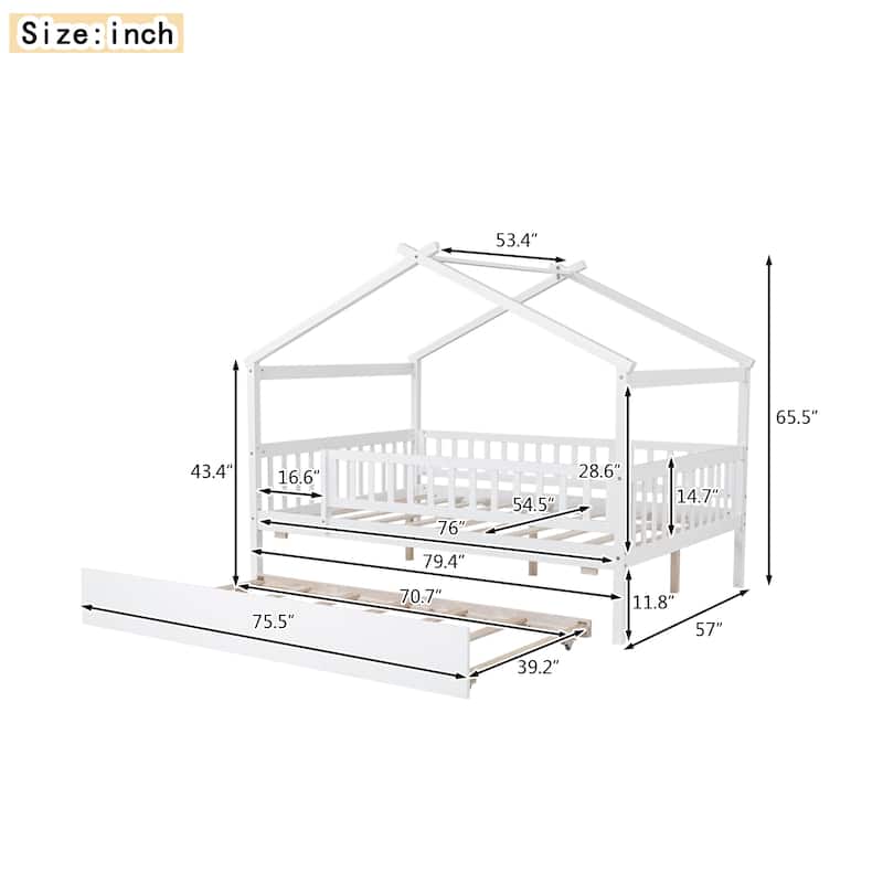 Montessori Bed House Bed with Trundle Bed and Headboard, Wood Daybed Platform Bed Frame No Box Spring Needed for Boys Girls