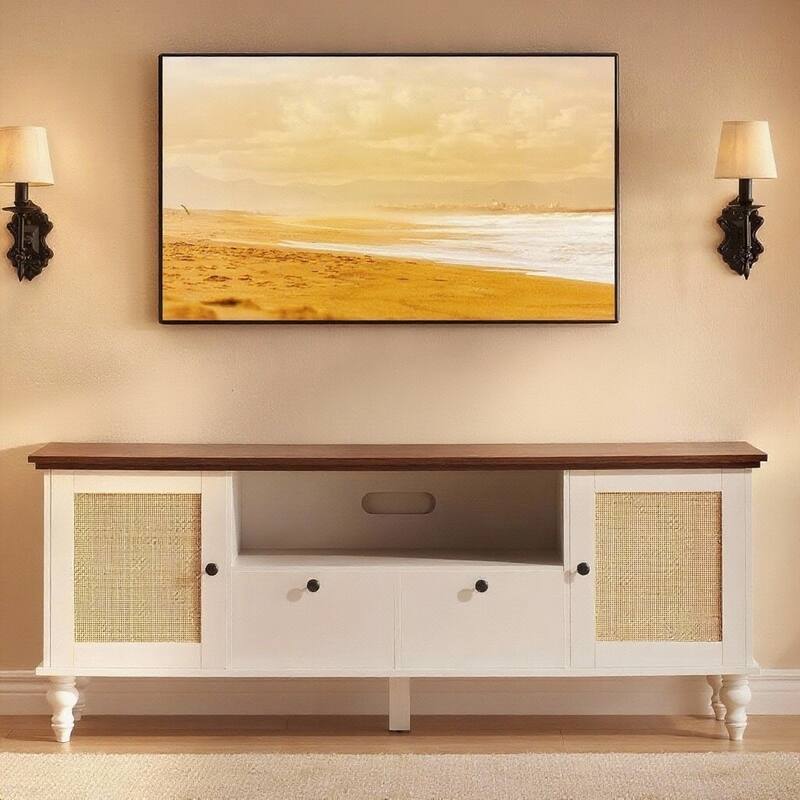 Rattan TV Stand, 2 Cabinets and 2 Drawers, up to 70 inches - Beige+White