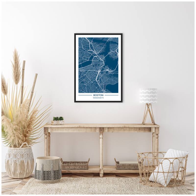 Kate and Laurel Sylvie Boston Map Regal Blue Framed Canvas by Jake Goossen