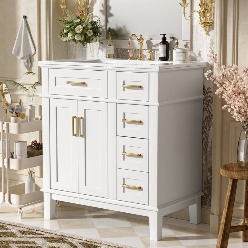 30" Bathroom Vanity with Ceramic Sink, Modern Bathroom Storage Cabinet with Soft-Close Doors, Deep Drawer & Standard Drawer