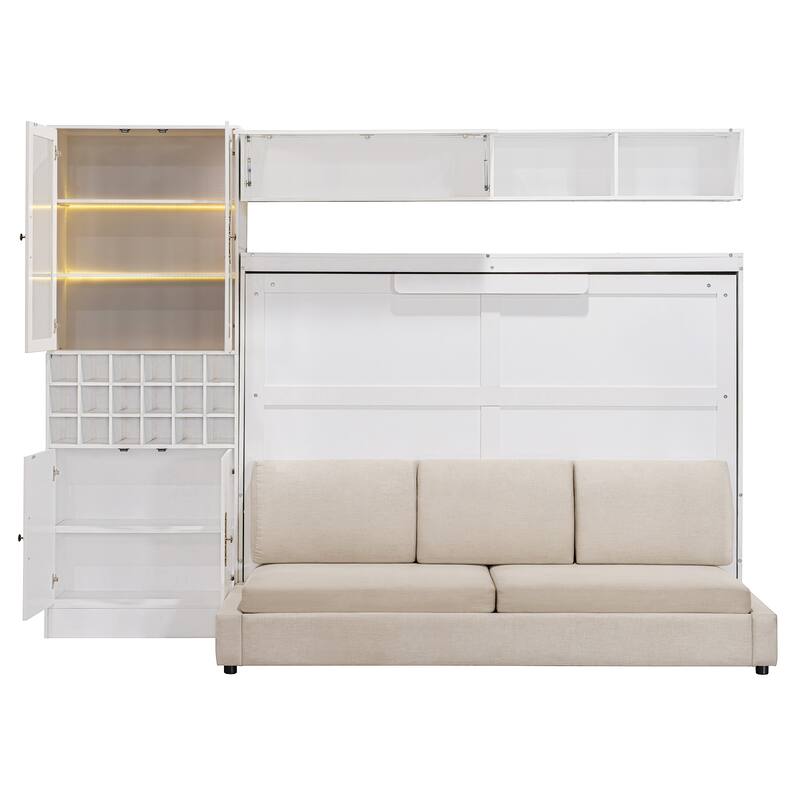Space-Saving Full Size Murphy Bed with Sofa, Shelves, USB & Light in White