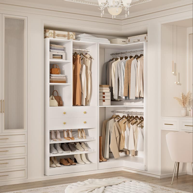 Set of 2/ 3 Coner Closet System with Shoe Racks and Drawers, Freestanding Closet Organizer with Hanging Rods and Shelves