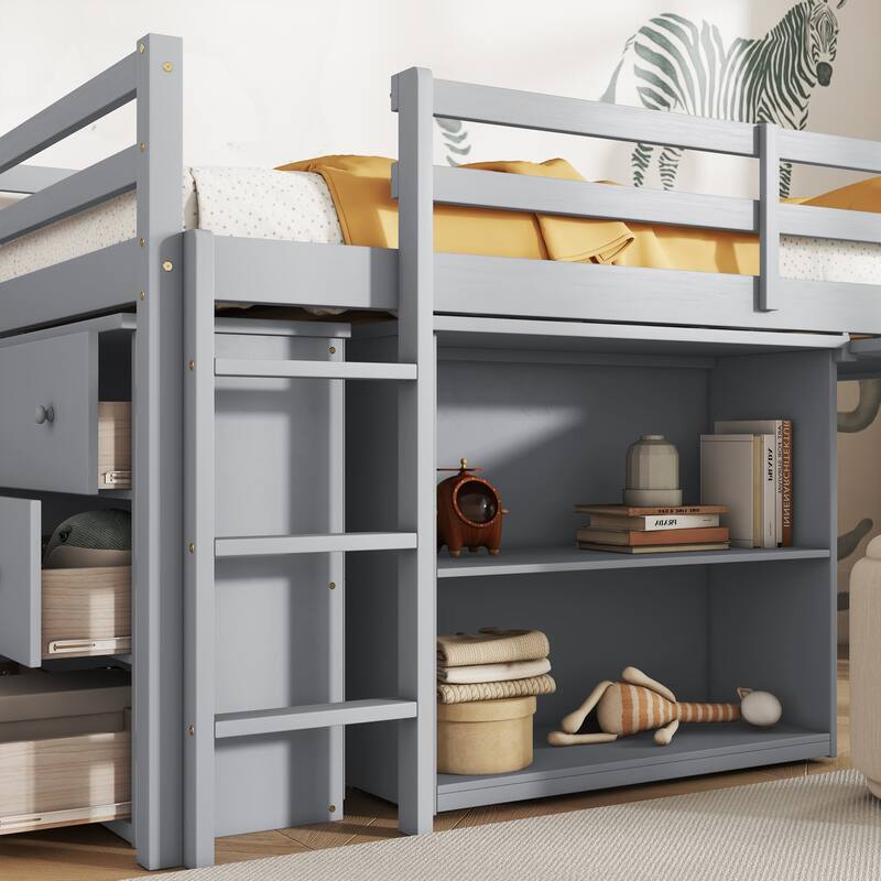 Twin Loft Bed w/ Stroage Case & Drawer Cabinet, Shelf Cabinet, Pulling - Out Desk, Rubber Wood Loft Bed w/ Ladder, White