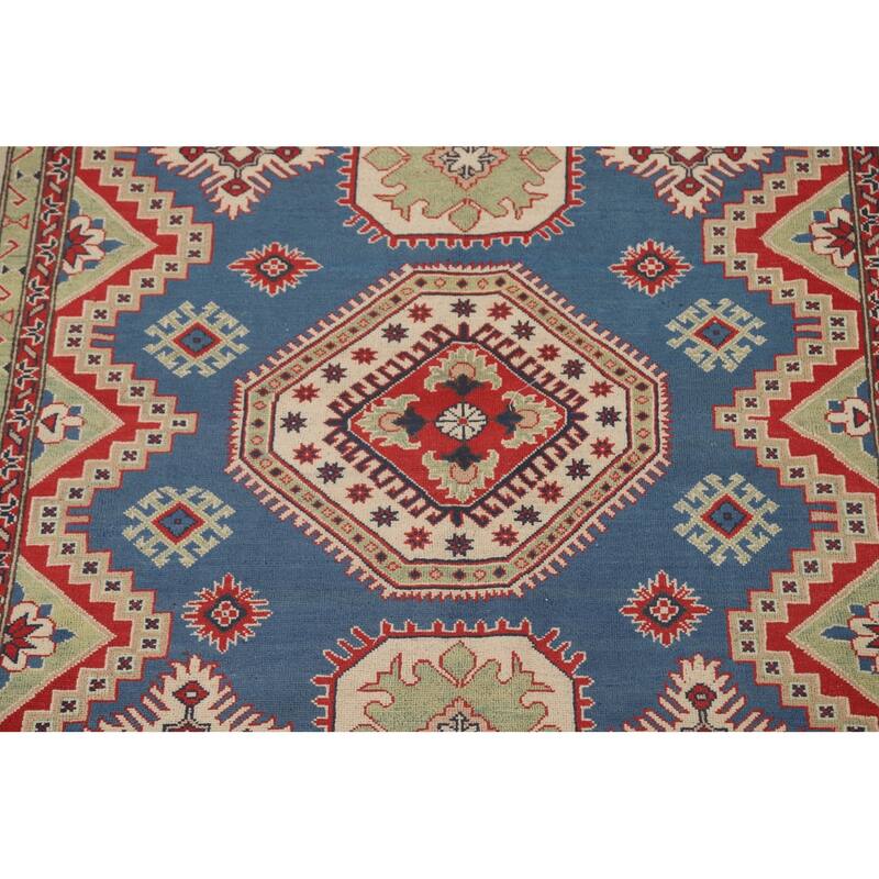 Blue Geometric Kazak Oriental Rug Handmade Traditional Wool Carpet - 6'8" x 10'1"