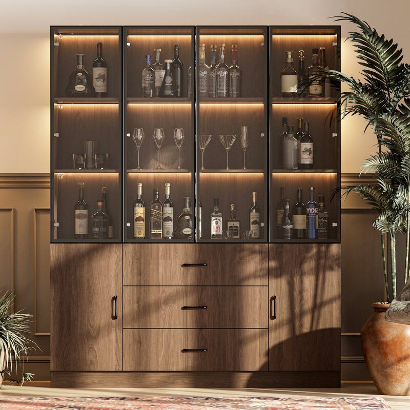 Bookshelves Bookcase Modular Glass Display Cabinet with LED Lights, Dark Wood Storage Combination Cabinet System - 63"W(Only)
