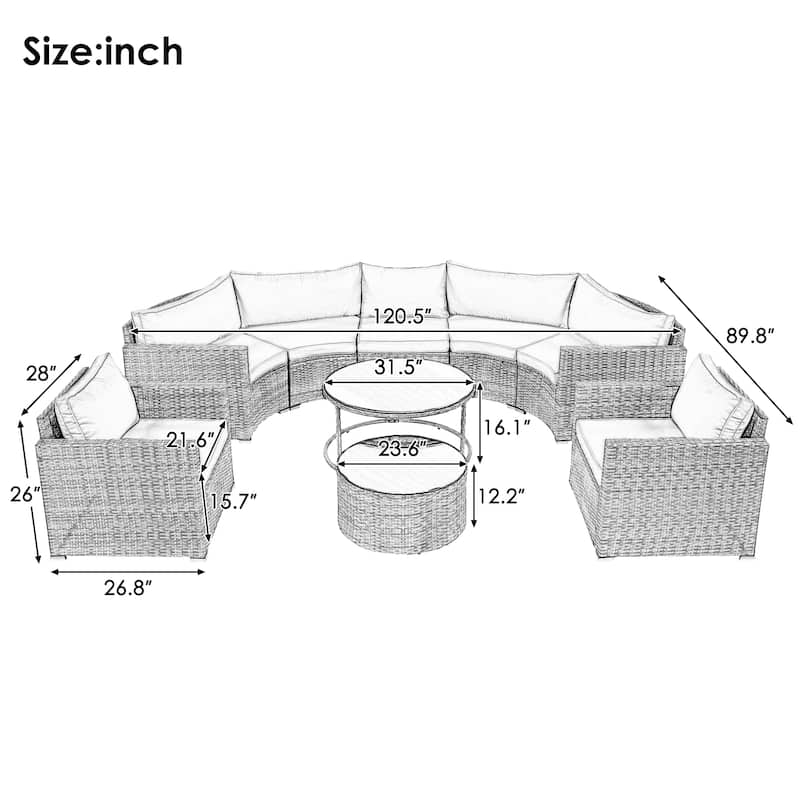 9-Piece Curved Outdoor Wicker Sectional Sofa Set with Overlapping Coffee Tables, Cushions, Modular Half-Moon Design