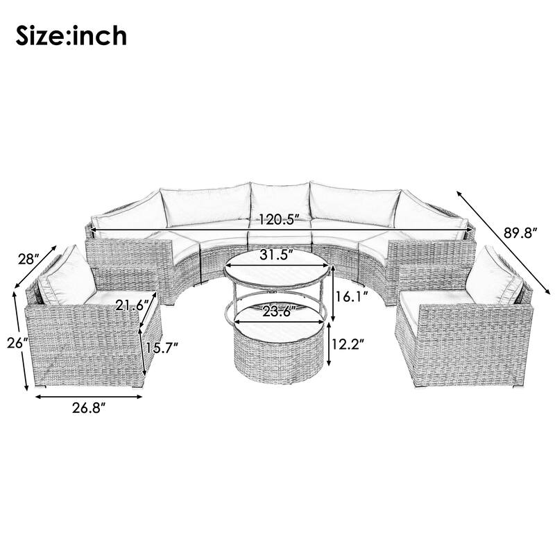 9 Piece Half-Moon Outdoor Sofa Set, All-Weather Rattan Conversation Furniture Set, Round Sofa Set with Coffee Table