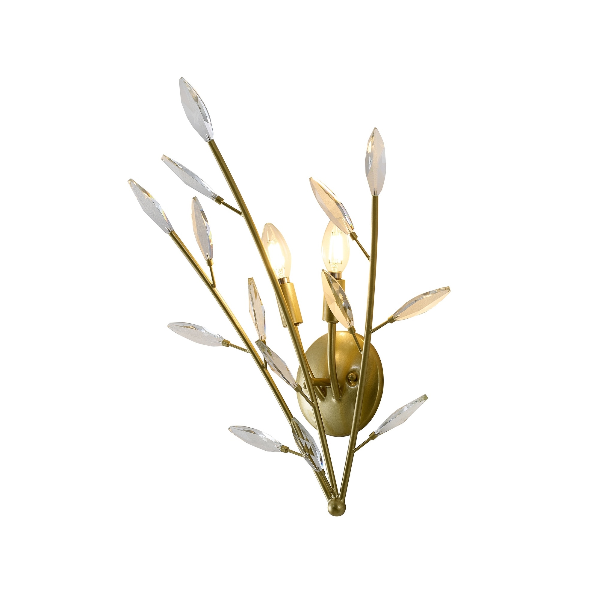 2-Light Gold Branch Wall Sconce With Clear Crystal Accents