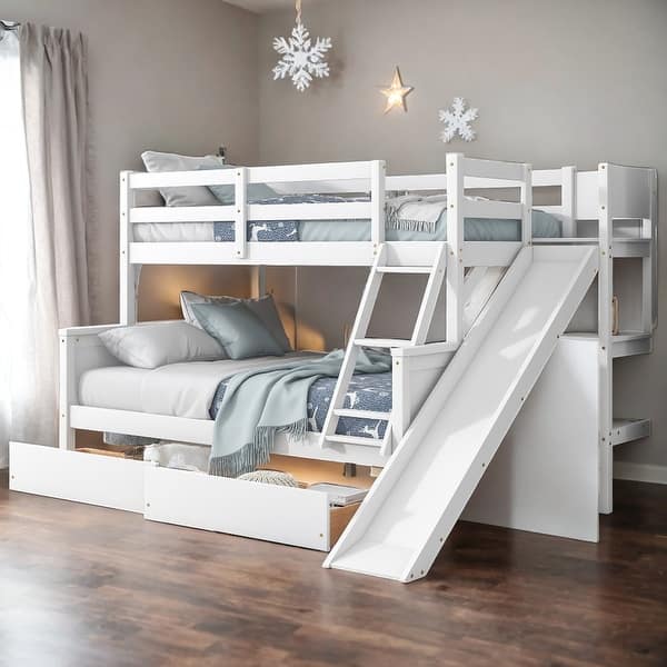 slide 2 of 12, Luxury Twin over Full Bunk Bed with 2 Drawers, Slide and Shelves, Quality Guaranteed, Stylistic Elements White