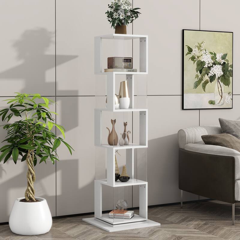 Anmytek Modern 360° Rotating Bookshelf 5-Tier Tall Display Shelf with Acrylic Plate for Home Office Living Room Bedroom