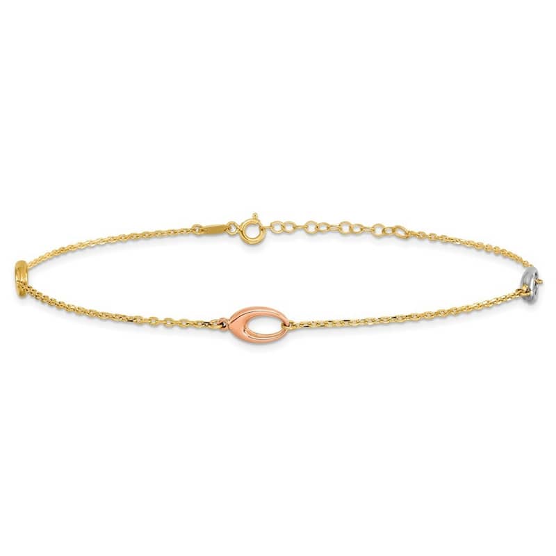 Curata Women's Italian 5mm 14k Tri-color Gold Polished Open Oval Station Anklet - 9.5 Inch