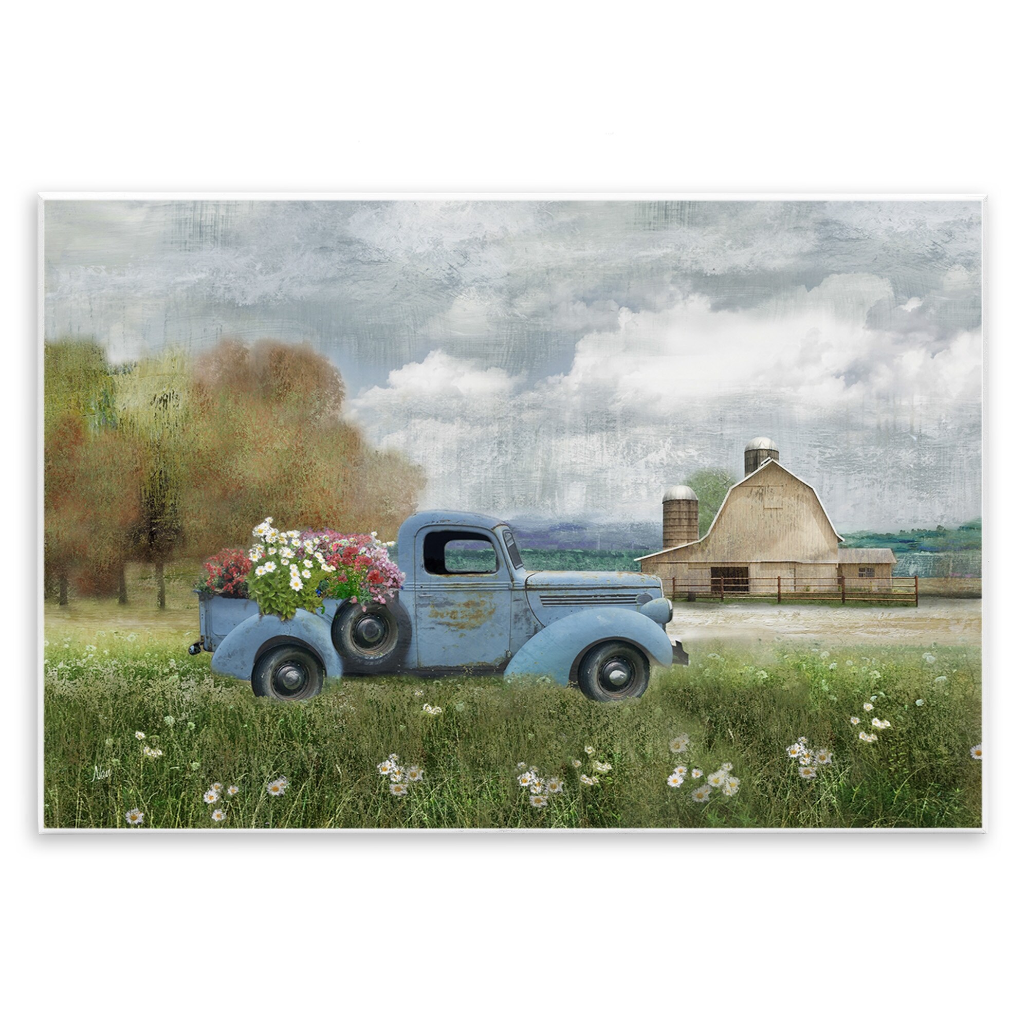 Stupell Vintage Blue Truck Flower Bouquet Cloudy Sky-image