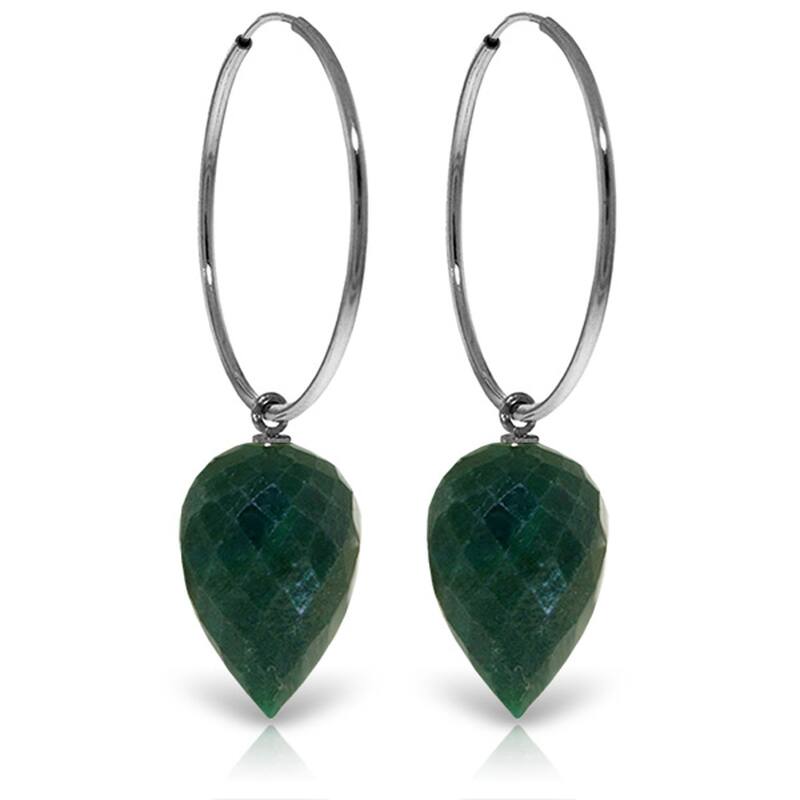 14K Solid Gold Earrings w/ Pointy Briolette Emerald Color Corundum - White