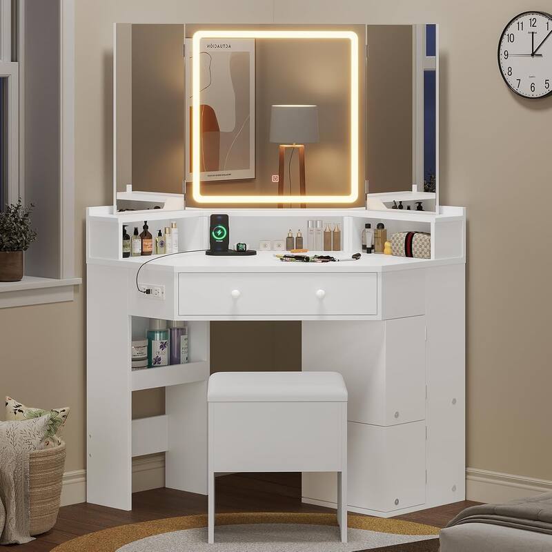 Corner Vanity Desk with Lighted Mirror Drawers Shelves Storage Stool