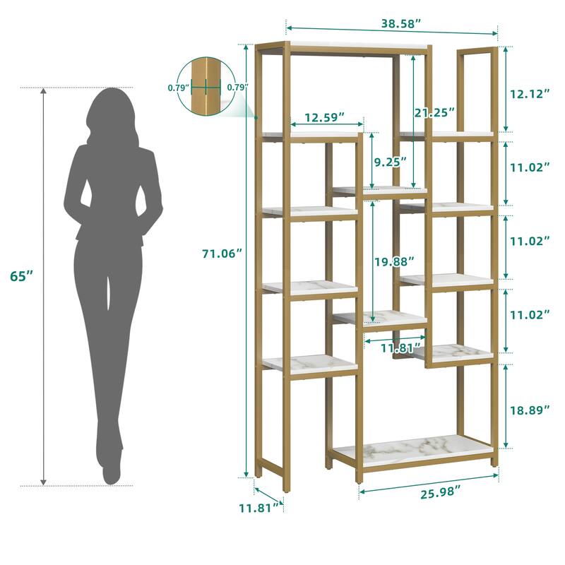 Wood 6-Tier Gold Bookshelf 71" Tall Modern Free Standing Bookshelf with 12 Shelves