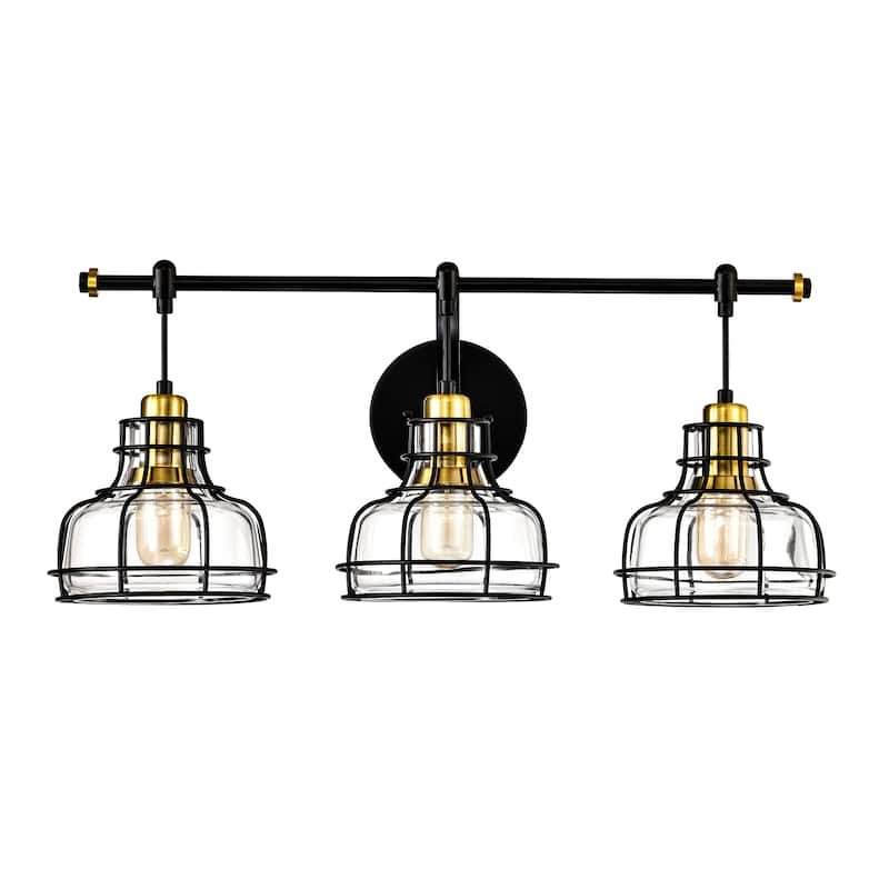 Black and Antique Gold 3-Light Vanity with Clear Glass Shades