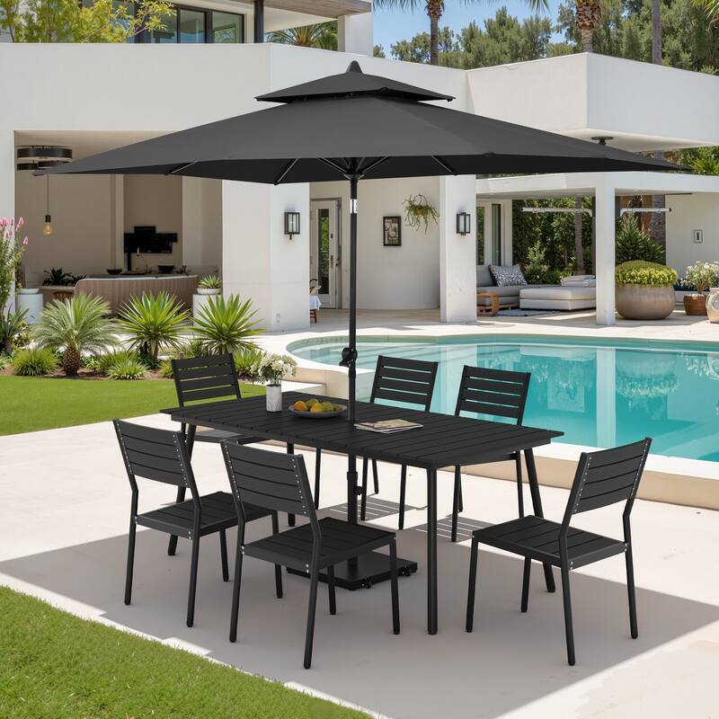 9PC Outdoor Patio Dining Set Wood-Like Aluminum Table with Stackable Chairs,Double Top Market Umbrella and Wheel Base - BlackTable&BlackChairs&BlackUmbrella