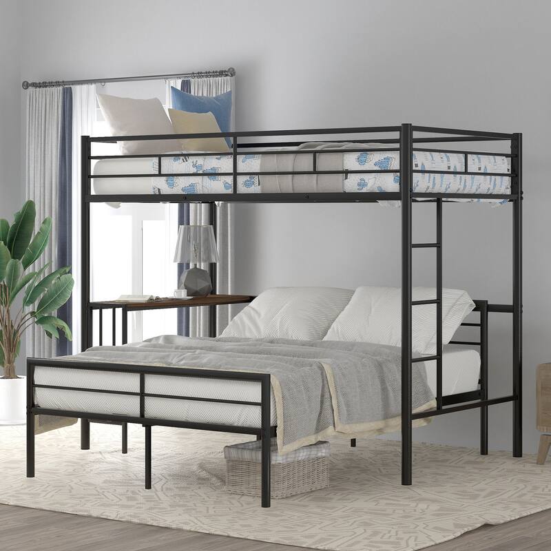 L-Shaped Metal Bunk Bed w/Built-in Desk & Ladder, Twin Over Full Size - Black - Full