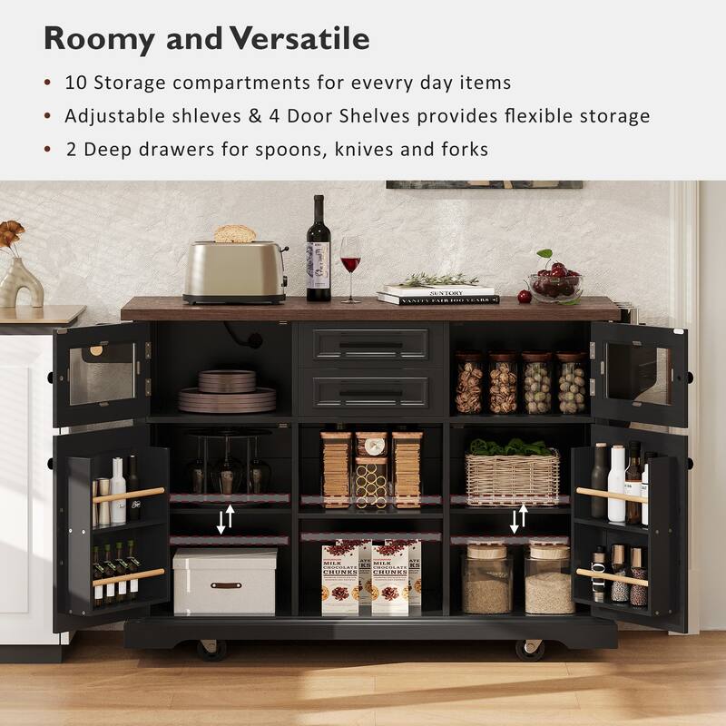 Farmhouse 54.9" Kitchen Island with Drop Leaf and Power Outlet, Stylish Storage Cart with Barn Doors