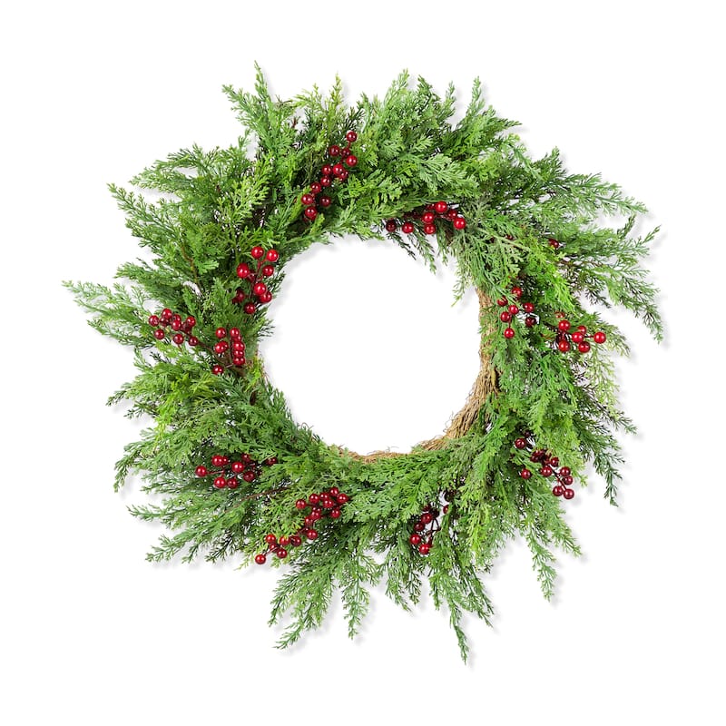 Glizthome 6FT/9FT Christmas Greenery PE Dripping Cedar Garland & 24"D Wreath with Red Berries - 24"D Wreath