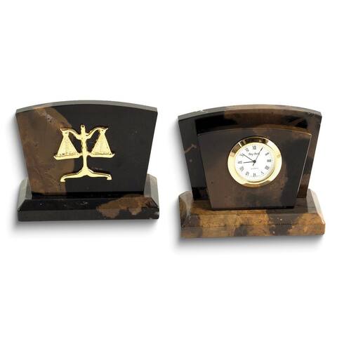 Curata Tiger Eye Marble with Gold-Plated Legal Emblem Letter Rack and Quartz Clock Set