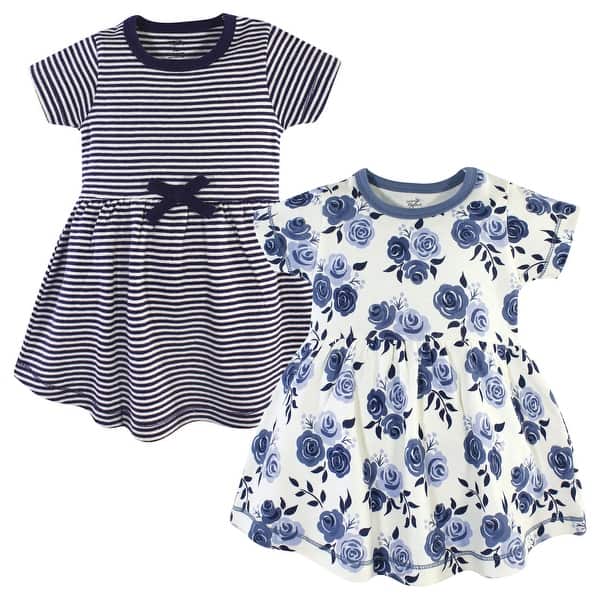 slide 2 of 2, Touched by Nature Baby and Toddler Girl Organic Cotton Short-Sleeve Dresses 2pk, Navy Floral 2T - Baby Toddler Navy Floral Short Sleeve